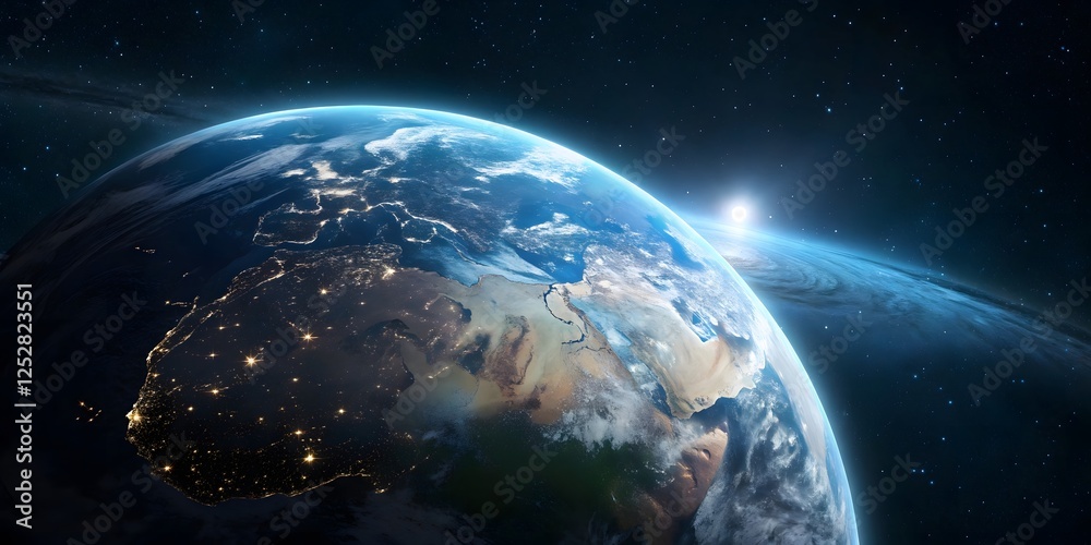 Obraz premium Vivid Earth From Space with Sunlight and Starry Background
