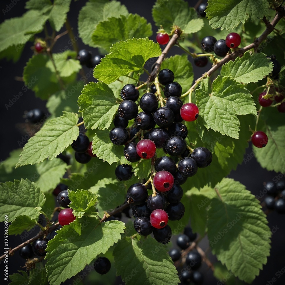 A twig with multiple blackcurrants and green leaves attached, artistically positioned. A twig with multiple blackcurrants and green leaves attached, artistically positioned.