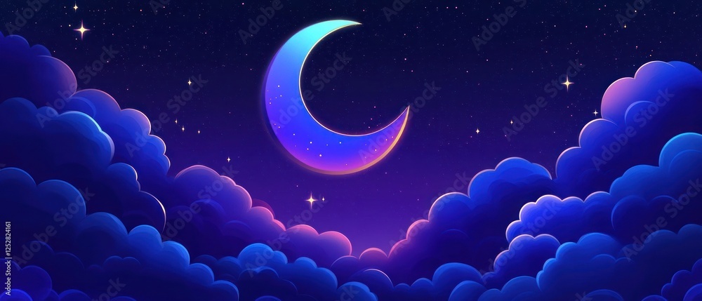 serene night sky featuring a glowing crescent moon surrounded by vibrant clouds, creating a tranquil atmosphere perfect for relaxation or meditation serene night sky featuring a glowing crescent moon surrounded by vibrant clouds, creating a tranquil atmosphere perfect for relaxation or meditation