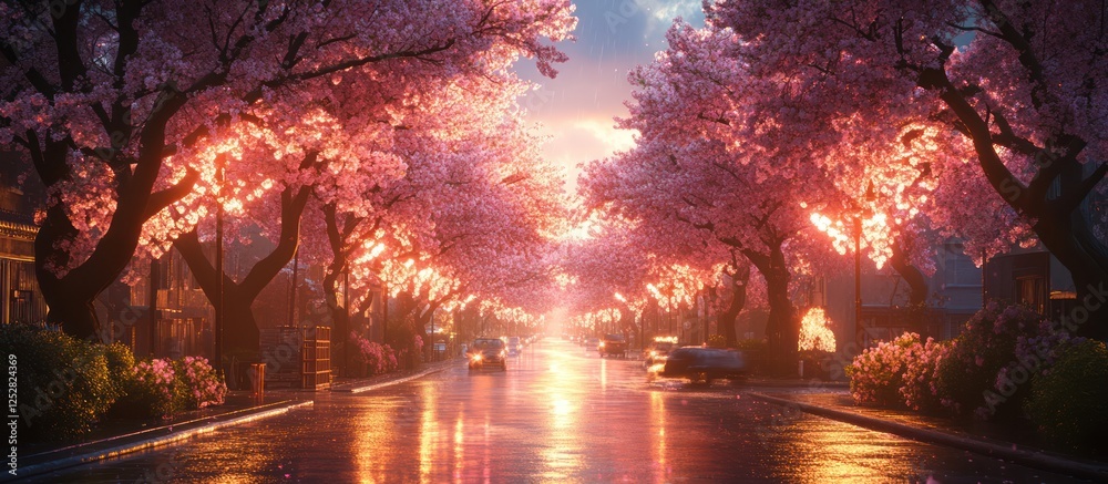 Fototapeta premium Sunset cherry blossom street, rain, houses