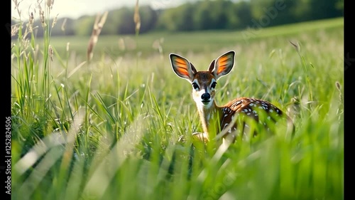 Fawn in grassy field, sunset, nature background, wildlife