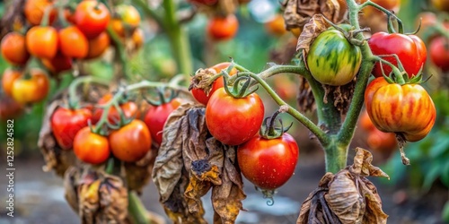 Close-up of sick and wilted tomatoes struggling to survive in a neglected garden ,  unhealthy, dying, plants, distressed