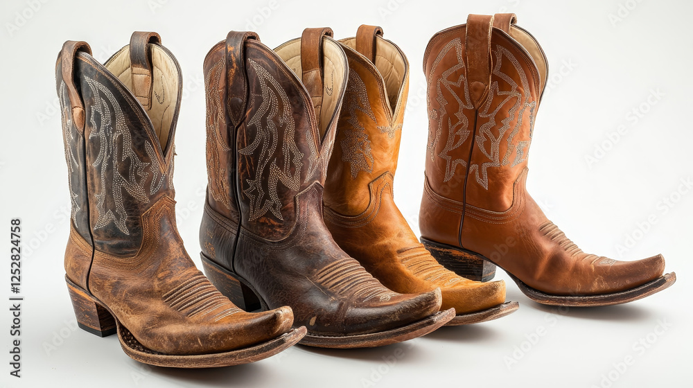 Cowboy boots set isolated on white background. Vector cartoon illustration of vintage retro shoes with heels and metal spurs, traditional western ranch footwear, Texas rodeo style costume element Cowboy boots set isolated on white background. Vector cartoon illustration of vintage retro shoes with heels and metal spurs, traditional western ranch footwear, Texas rodeo style costume element