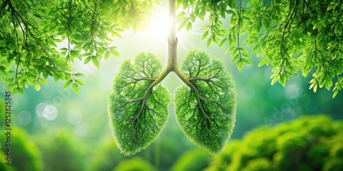 A serene image of clean lungs surrounded by lush green trees, symbolizing a healthy respiratory system in harmony with nature