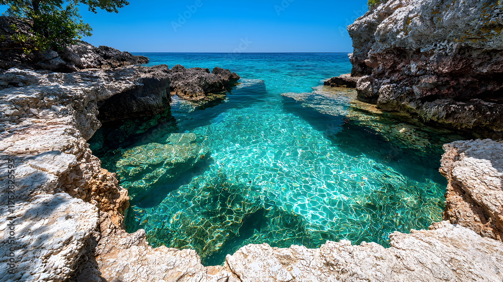 Crystal-clear cove, idyllic beach, summer sun, azure waters, travel postcard Crystal-clear cove, idyllic beach, summer sun, azure waters, travel postcard