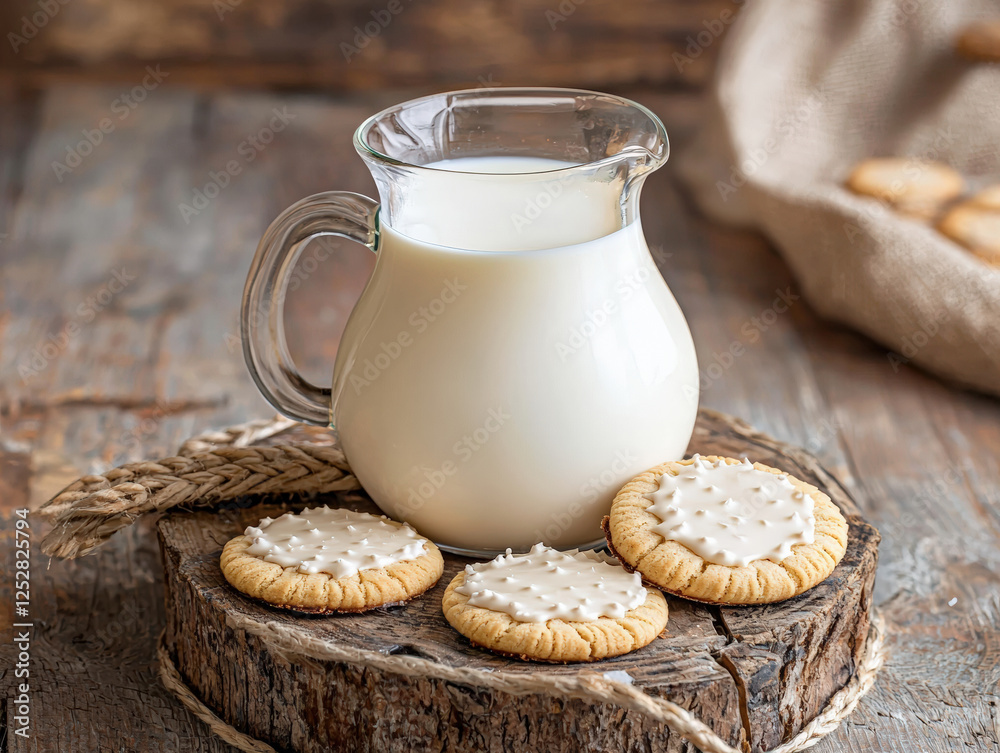 Delicious milk pitcher with cookies on rustic wooden table, evoking warmth and comfort Delicious milk pitcher with cookies on rustic wooden table, evoking warmth and comfort
