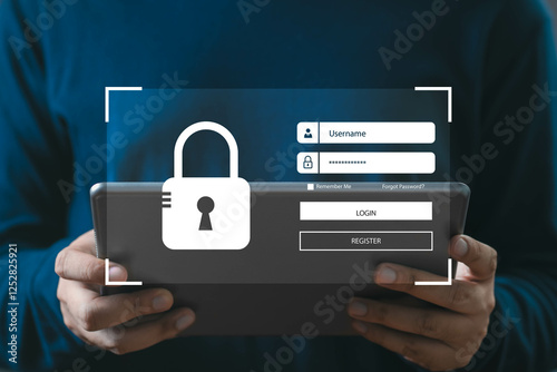 Person holding tablet with cybersecurity login interface, highlighting secure access, data protection, and digital privacy in modern technology.