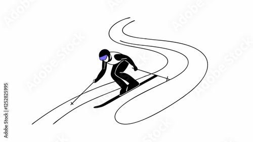 A skier navigates down a winding slope with smooth precision, highlighted by bold lines that trace their path.Simple color palette and minimalist design emphasize the dynamic movement of the skier.AI