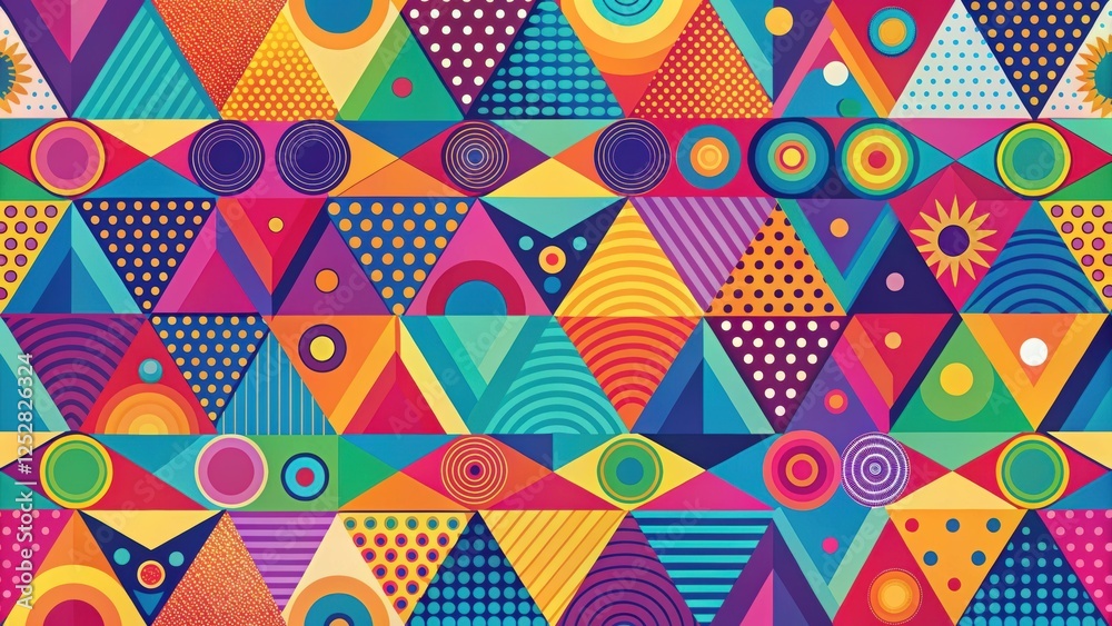 Vibrant abstract geometric pattern with triangles and circles in bright colors , abstract, geometric, pattern Vibrant abstract geometric pattern with triangles and circles in bright colors , abstract, geometric, pattern