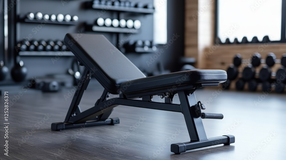 Fototapeta premium A black adjustable weight bench sits in a modern gym. Dumbbells are in the background, suggesting a workout environment. The bench is clean and well-maintained