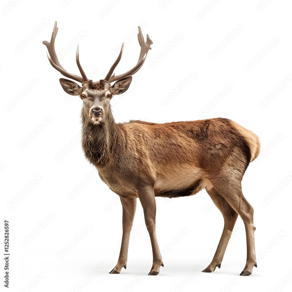 Majestic Male Deer Standing Proudly Against White Background Majestic Male Deer Standing Proudly Against White Background