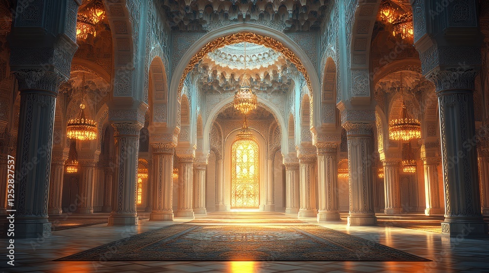 Majestic palace interior with ornate columns and golden light streaming through grand windows Majestic palace interior with ornate columns and golden light streaming through grand windows