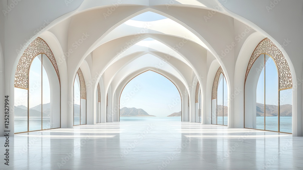 Modern architectural interior with arched windows overlooking serene water and mountains Modern architectural interior with arched windows overlooking serene water and mountains
