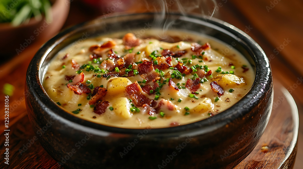 Chicken soup with crispy bacon and herbs in black bowl, steaming hot, rustic wooden background Chicken soup with crispy bacon and herbs in black bowl, steaming hot, rustic wooden background