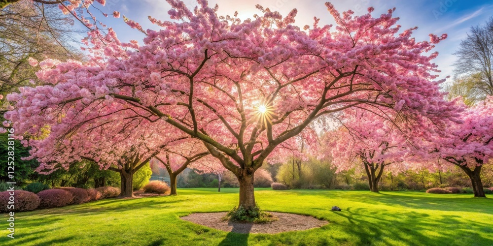 Cherry blossom tree in full bloom with pink flowers blooming in a tranquil garden setting, nature, spring, petals Cherry blossom tree in full bloom with pink flowers blooming in a tranquil garden setting, nature, spring, petals