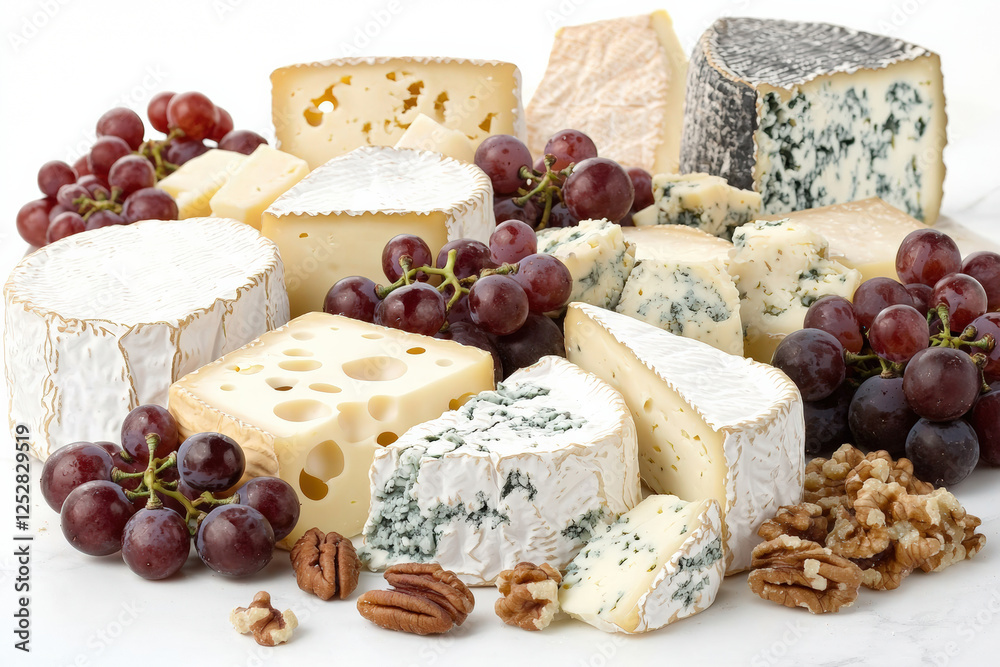 Delicious assortment of cheeses with grapes and nuts on platter Delicious assortment of cheeses with grapes and nuts on platter