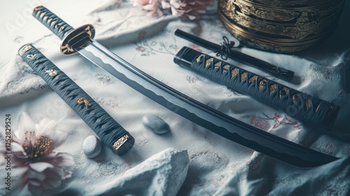 A traditional samurai sword with a curved blade, surrounded by accessories like a silk cloth and a small polishing stone, set neatly on a white background. photo