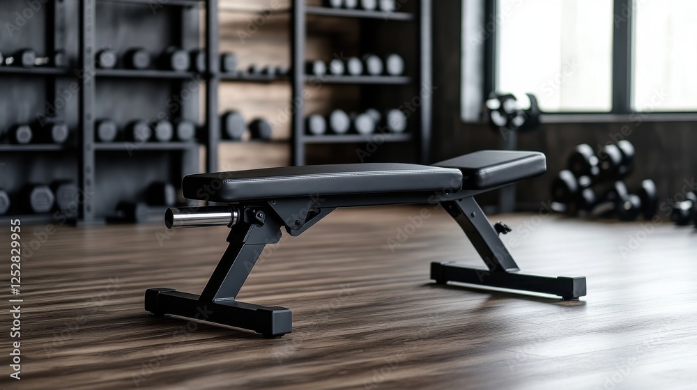 A black adjustable weight bench sits in a modern gym. Dumbbells are in the background, suggesting a workout environment. The bench is clean and well-maintained A black adjustable weight bench sits in a modern gym. Dumbbells are in the background, suggesting a workout environment. The bench is clean and well-maintained