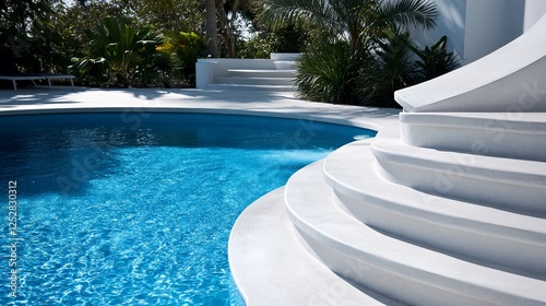 Luxury Poolside Paradise: Serene White Steps and Sparkling Blue Water