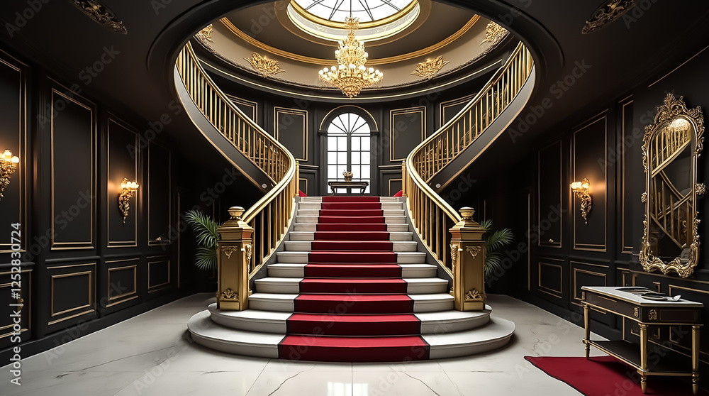 Obraz premium A grand staircase spirals upwards in a beautifully designed lobby with lavish decorations, showcasing gold accents and plush red carpet.
