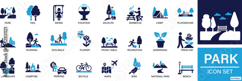  Park icon set Park, Tree, Bench, Playground, Pond, Swing You can easily change the color.