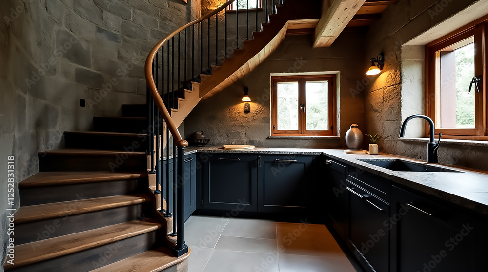Obraz premium A stylish kitchen showcases modern black cabinetry, a stone wall backdrop, and a spiral staircase. Large windows allow natural light to enhance the warm ambiance.