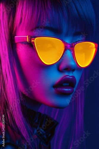 Woman posing with vibrant yellow sunglasses, illuminated by neon light, blending pink and blue tones with contemporary fashion sense