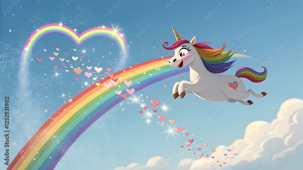 Obraz premium Magical unicorn soaring through sky with rainbow and hearts