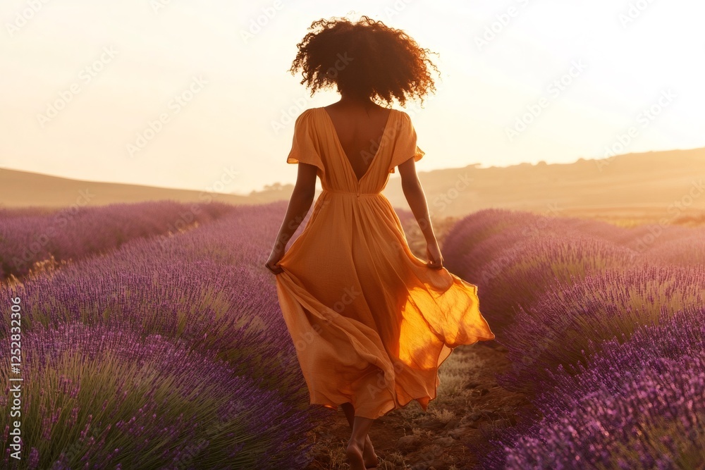 Obraz premium Barefoot woman wearing orange dress walking in lavender field at sunset enjoying freedom and nature