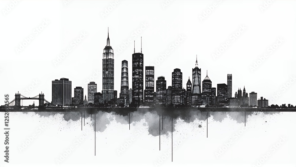 Obraz premium A striking black and white illustration of a city skyline, featuring iconic skyscrapers and a bridge. The reflection in the water adds depth and symmetry, creating a visually captivating urban scene.