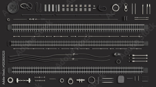 Train track, straight and turn railway in top and perspective view. Vector realistic set of tram line, road for locomotive and wagons with rails, fastening and concrete ties