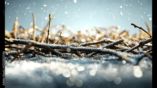 Frosty branches, winter sun, snow, nature scene, background bokeh