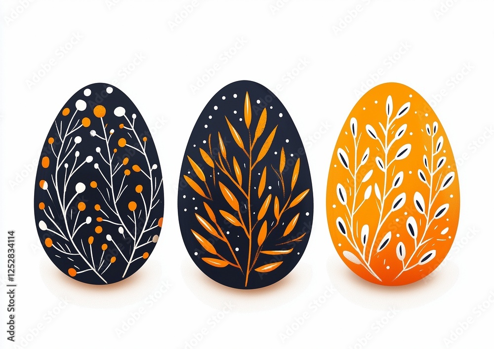 Fototapeta premium 3 Easter eggs with abstract floral pattern of black, white and yellow. Modern minimalist style. Contemporary Easter illustration.