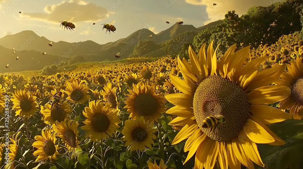 Fototapeta premium A vast field of vibrant sunflowers with a swarm of bees buzzing around the flowers