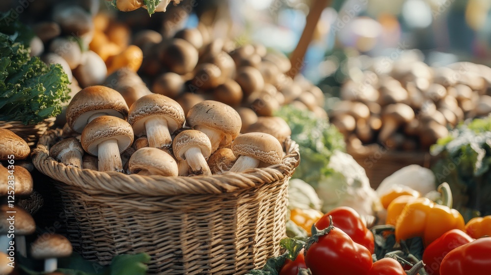 A farmer market stand displaying fresh champignon mushrooms in woven baskets, alongside other organic vegetables, with a vibrant outdoor setting. A farmer market stand displaying fresh champignon mushrooms in woven baskets, alongside other organic vegetables, with a vibrant outdoor setting.
