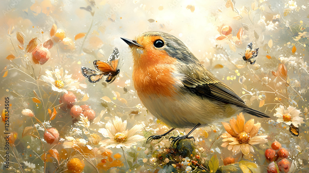 Robin bird amidst autumn flowers and butterflies