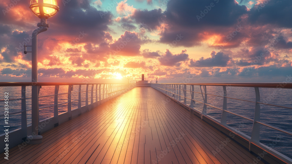 Fototapeta premium Cruise liner deck or quay on dusk seascape view, empty ship with baluster and wooden floor. Sunset scenery background on luxury sailboat in sea or ocean. Passenger vessel, Cartoon vector illustration