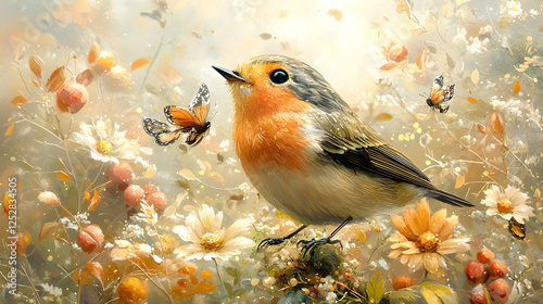 Obraz na płótnie Robin bird amidst autumn flowers and butterflies w salonie