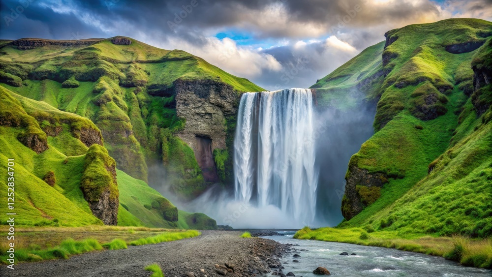 Fototapeta premium Majestic Skogafoss waterfall in Iceland with powerful cascade and lush green surroundings, Skogafoss, waterfall, Iceland