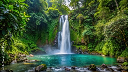 Crystal clear waterfall cascading through lush jungle vegetation in Volcan Tenorio, Costa Rica, Volcan Tenorio