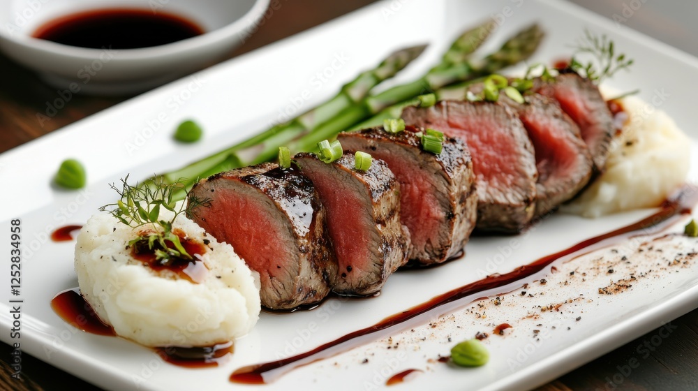 A gourmet plate featuring mashed potatoes piped into elegant swirls, served with grilled steak, asparagus, and a drizzle of red wine reduction sauce. - A gourmet plate featuring mashed potatoes piped into elegant swirls, served with grilled steak, asparagus, and a drizzle of red wine reduction sauce. -