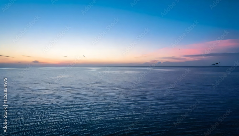 Naklejka premium A vast, empty ocean under a soft pink and blue sunset sky, where the water and sky blend sea