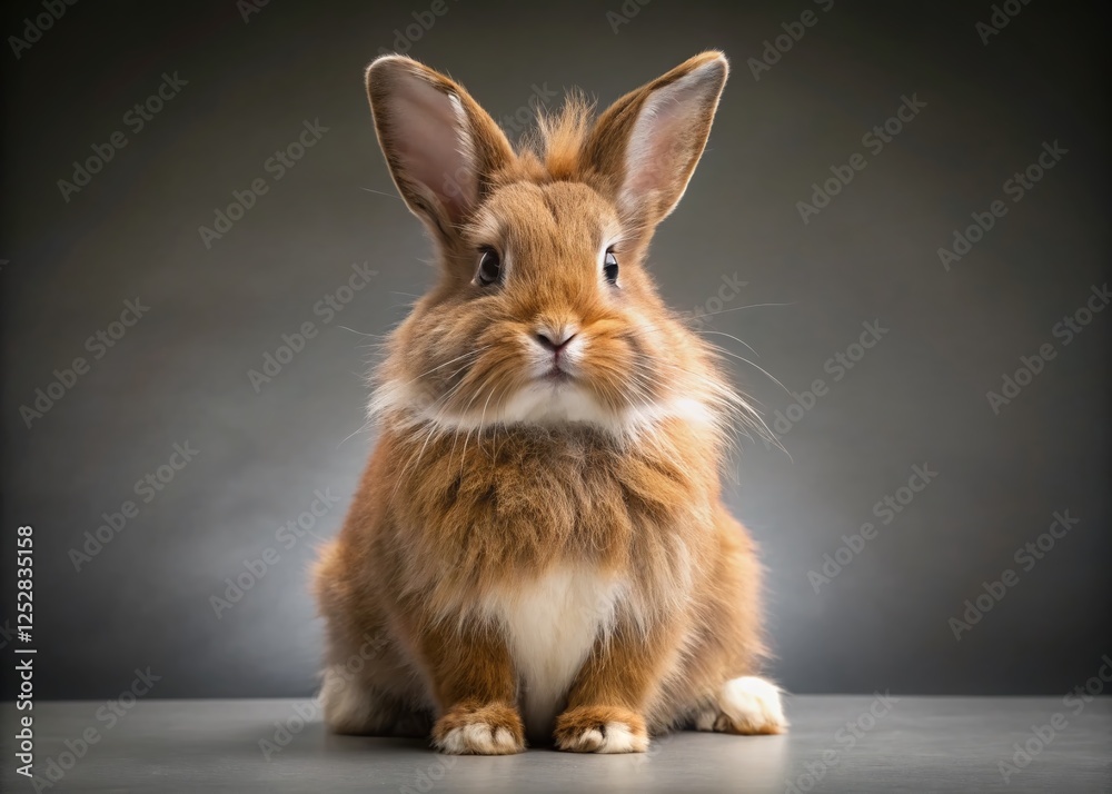 Obraz premium Adorable Fluffy Brown Bunny with White Patch, Long Exposure Grey Background Stock Photo