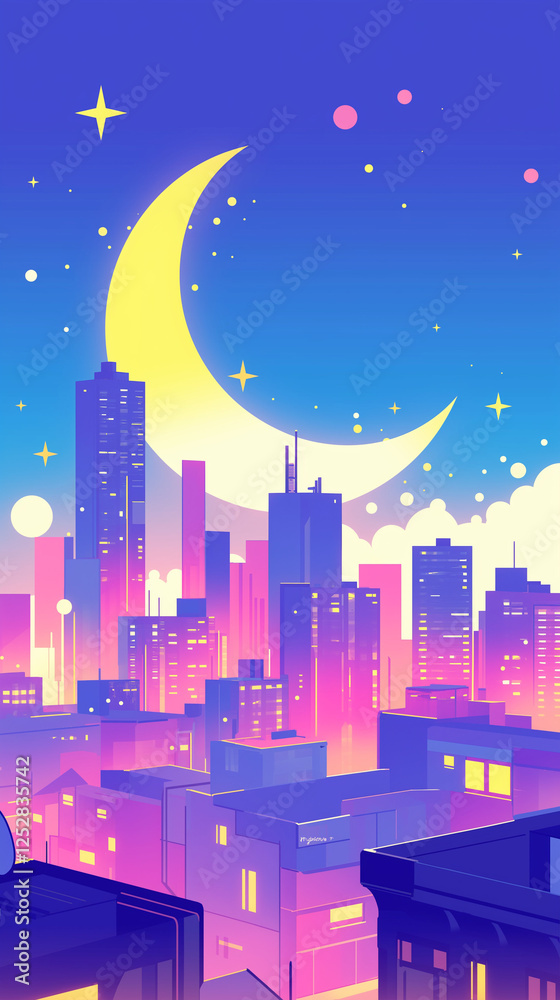 1980年代の日本のイラストをモチーフにしたレトロフューチャーな街並み 夢幻の色彩に染まる高層ビル群。スマートフォン9:16のアスペクト比 1980年代の日本のイラストをモチーフにしたレトロフューチャーな街並み 夢幻の色彩に染まる高層ビル群。スマートフォン9:16のアスペクト比