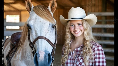 Girl smiles beside horse in barn