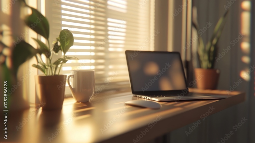 Sunlit Workspace: Laptop, Plants, and Coffee Mug on Windowsill Sunlit Workspace: Laptop, Plants, and Coffee Mug on Windowsill