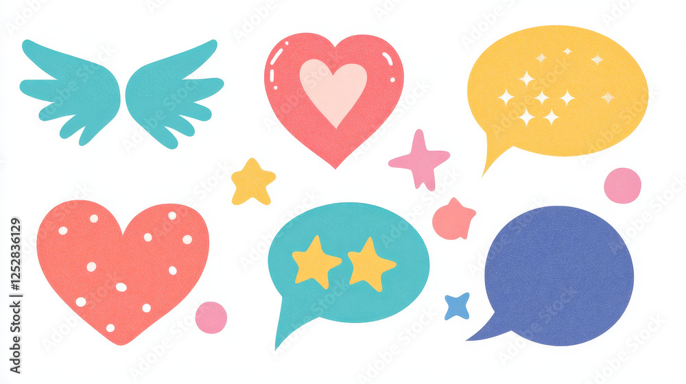 Retro futuristic speech bubbles set isolated on white background. Vector illustration of retrowave futuristic art window, oval borders with pixel style heart, star, wings signs, y2k design elements Retro futuristic speech bubbles set isolated on white background. Vector illustration of retrowave futuristic art window, oval borders with pixel style heart, star, wings signs, y2k design elements