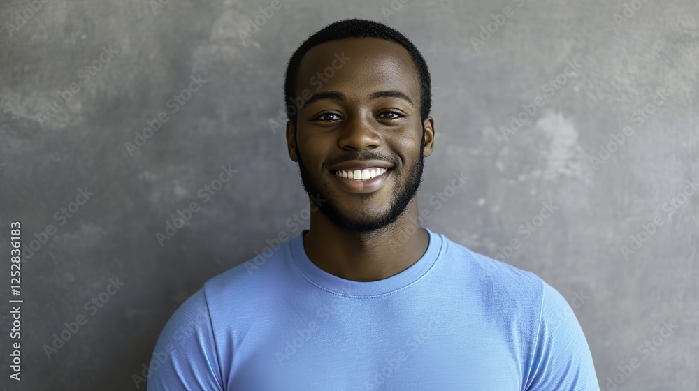 Young man smiling warmly, soft light enhancing his cheerful expression, minimal background. Young man smiling warmly, soft light enhancing his cheerful expression, minimal background.