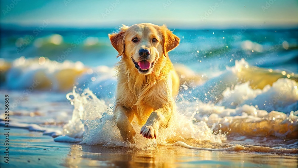 Adorable Golden Retriever Puppy Playing Joyfully in Ocean Waves - Tilt-Shift Photography Adorable Golden Retriever Puppy Playing Joyfully in Ocean Waves - Tilt-Shift Photography