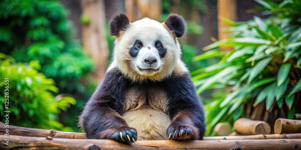 Obraz premium Adorable panda bear sitting in zoo enclosure , panda, bear, cute, adorable, sitting, zoo, enclosure, furry, black and white
